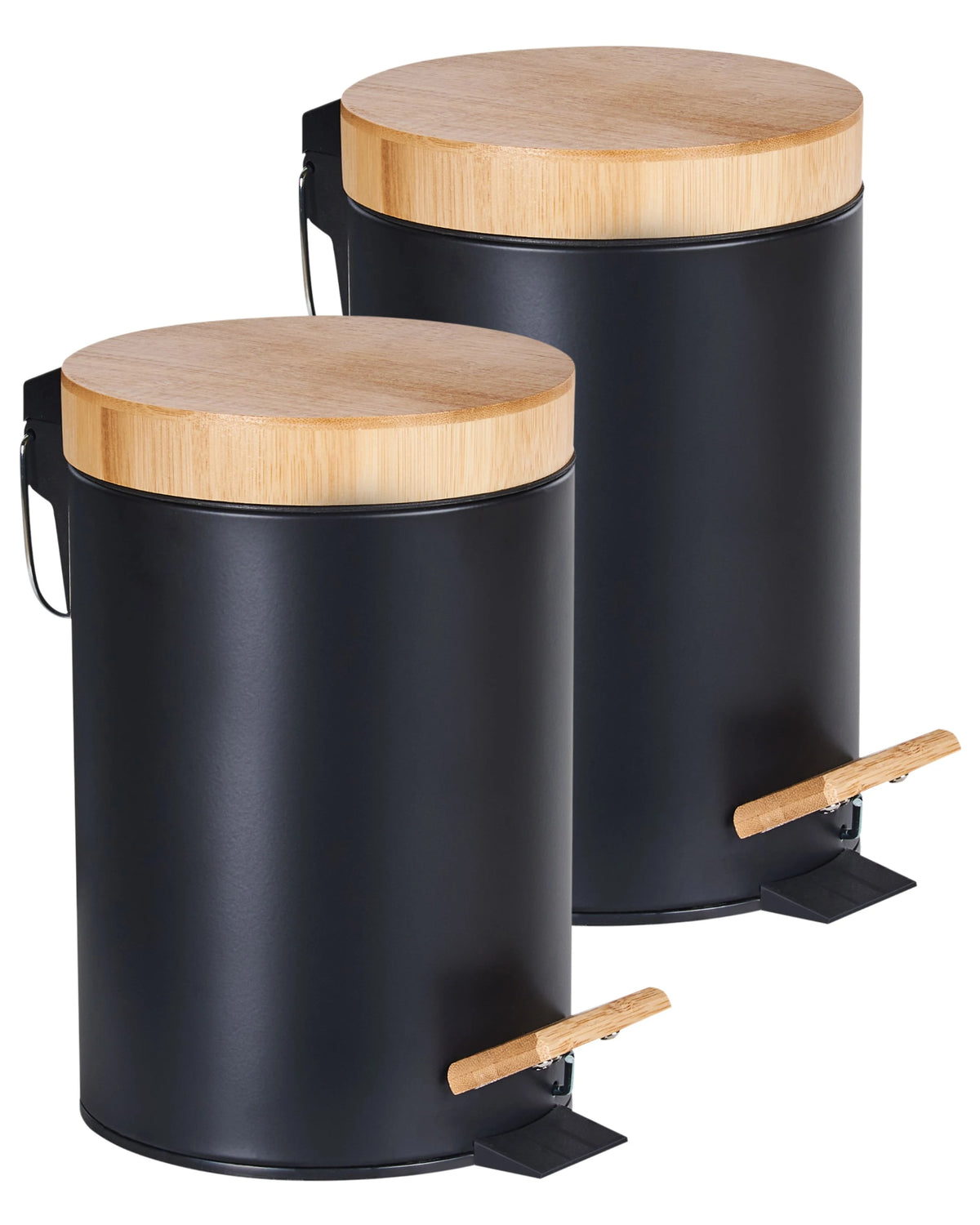 Set of 2 Waste Bins with Pedal and Lid Black Iron Synthetic Material   Bamboo Wood Modern Kitchen Recyclable Beliani