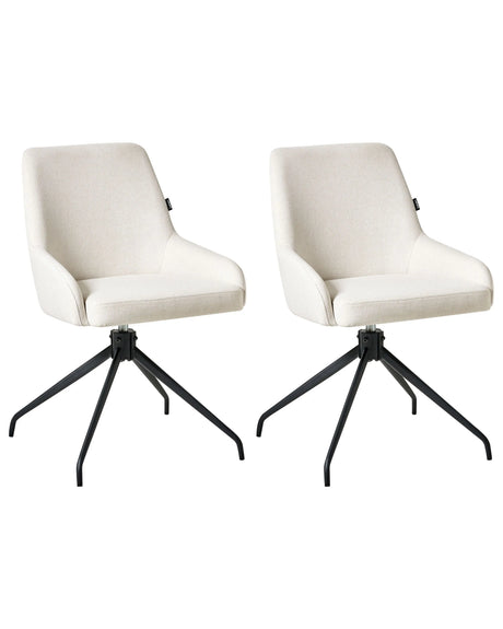Set of 2 Swivel Dining Chairs Off White Fabric Upholstery Metal Rotating Base Beliani