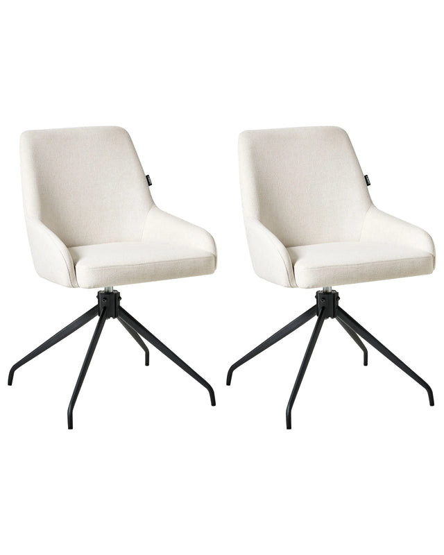 Set of 2 Swivel Dining Chairs Off White Fabric Upholstery Metal Rotating Base Beliani