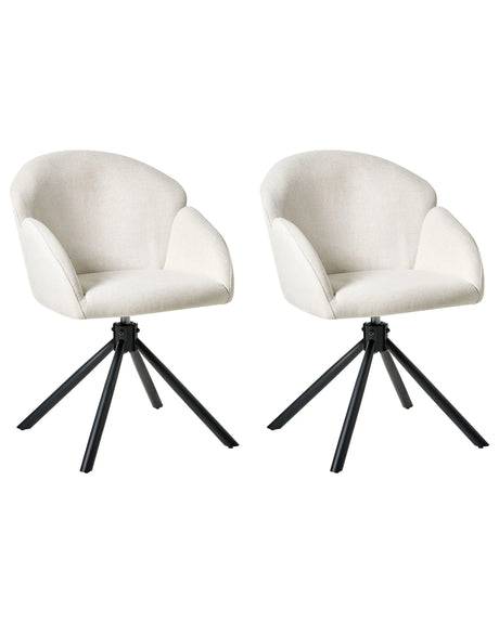 Set of 2 Swivel Dining Chairs Off White Fabric Upholstery Metal Rotating Base Beliani