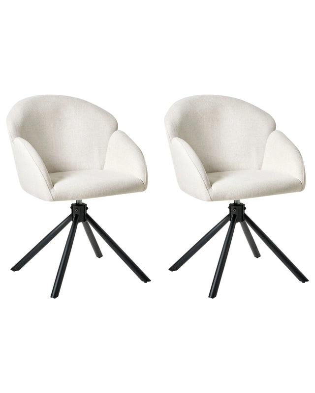 Set of 2 Swivel Dining Chairs Off White Fabric Upholstery Metal Rotating Base Beliani