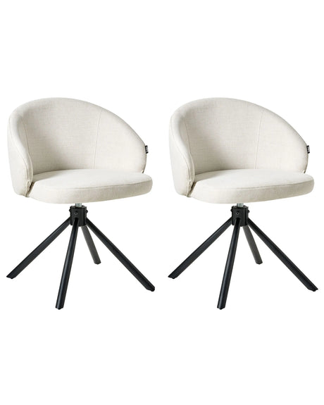 Set of 2 Swivel Dining Chairs Off White Fabric Upholstery Metal Rotating Base Beliani