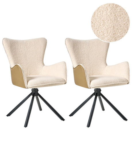 Set of 2 Swivel Dining Chairs Light Beige Boucle Upholstery Metal Rotating Base Beliani