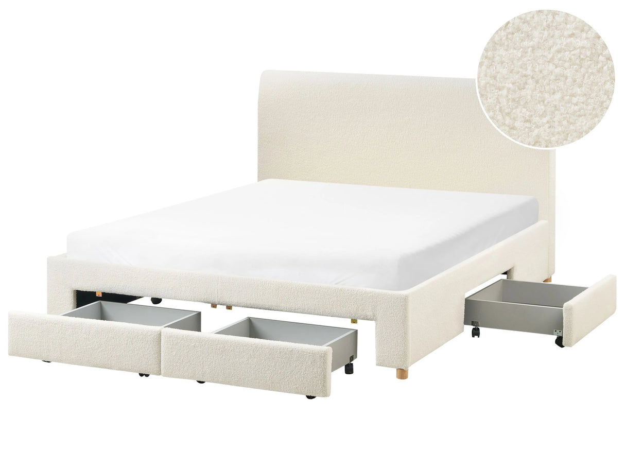 Storage Bed Off White Boucle Upholstery EU King Size 5ft3 Drawers Function Modern Scandinavian Design Beliani