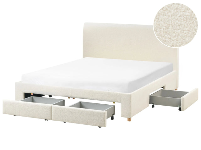 Storage Bed Off White Boucle Upholstery EU King Size 5ft3 Drawers Function Modern Scandinavian Design Beliani