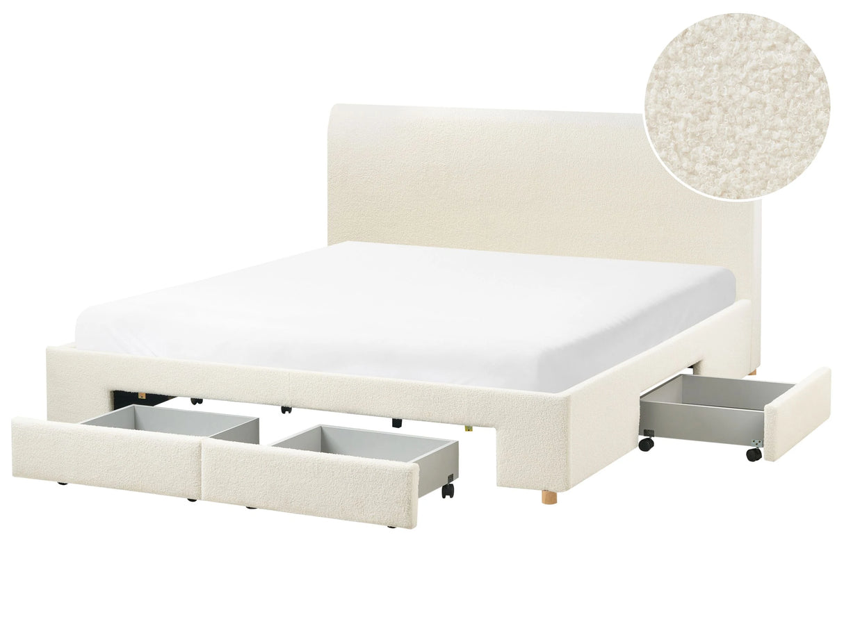 Storage Bed Off White Boucle Upholstery EU Super King Size 6ft Drawers Function Modern Scandinavian Design Beliani