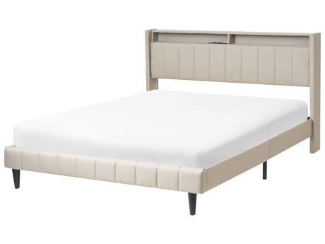 Double Bed LED Beige Fabric EU Super King Size 5ft3 Upholestred Storage Headboard with USB Port Modern Desing Beliani