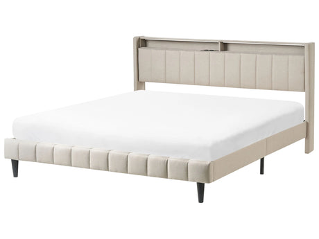 Double Bed LED Beige Fabric EU Super King Size 6ft Upholestred Storage Headboard with USB Port Modern Desing Beliani