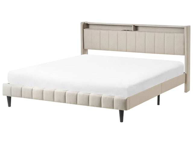 Double Bed LED Beige Fabric EU Super King Size 6ft Upholestred Storage Headboard with USB Port Modern Desing Beliani