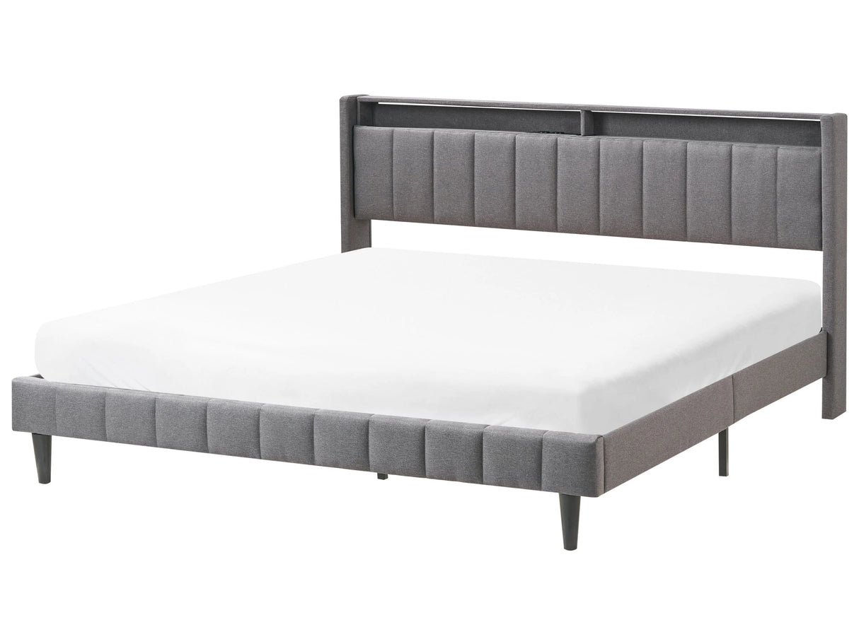 Double Bed LED Dark Grey Fabric EU Super King Size 6ft Upholstered Storage Headboard with USB Port Modern Design Beliani