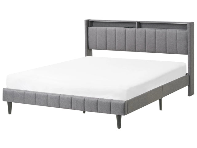 Double Bed LED Dark Grey Fabric EU King Size 5ft3 Upholstered Storage Headboard with USB Port Modern Desing Beliani