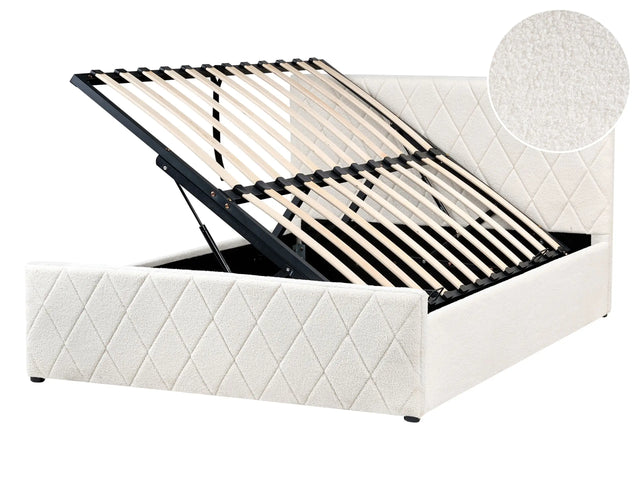 Storage Bed Off-White Boucle Upholstery EU Double Size 4ft6 with Slatted Base Diamond-Tufted Headboard Beliani