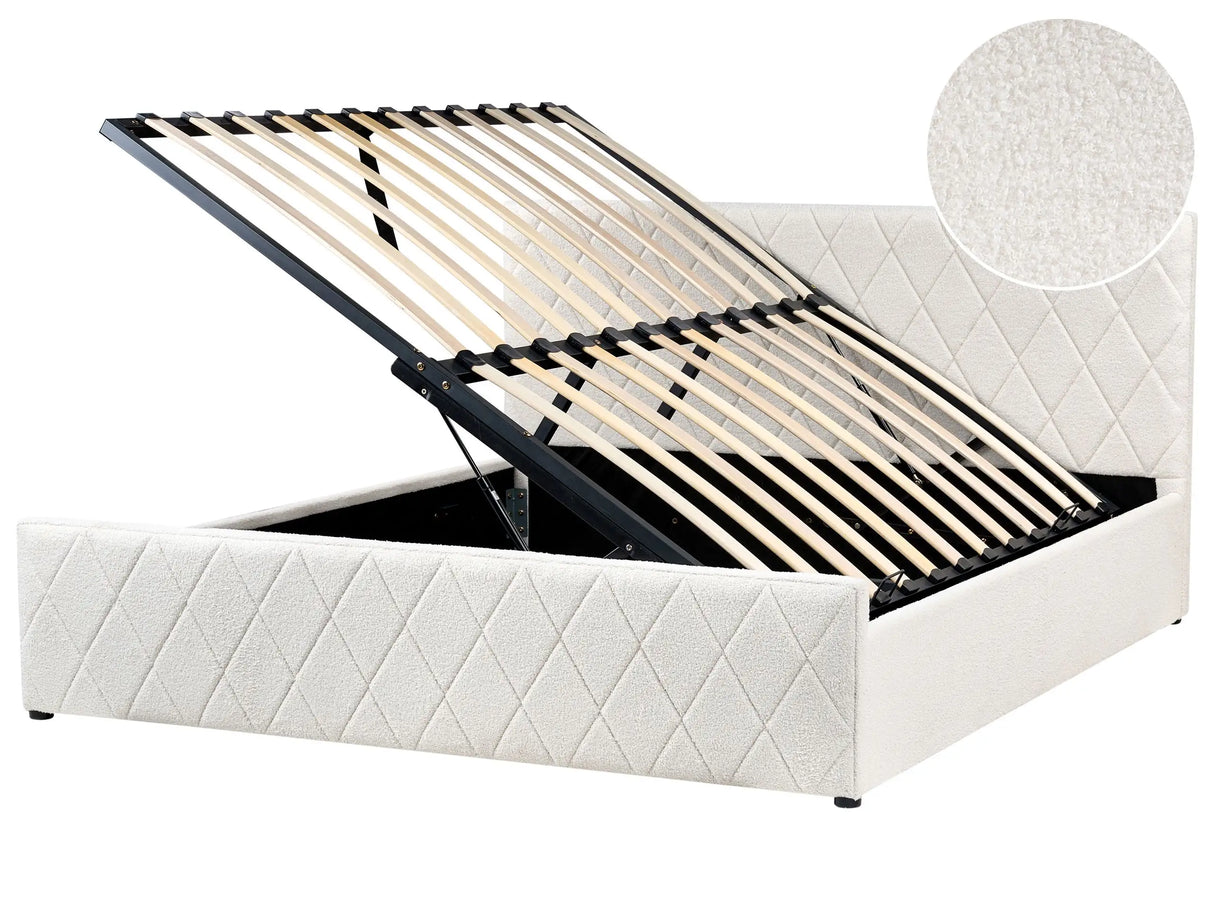 Storage Bed Off-White Boucle Upholstery EU Super King Size 5ft3 with Slatted Base Diamond-Tufted Headboard Beliani