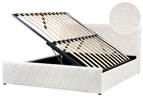 Storage Bed Off-White Boucle Upholstery EU Super King Size 5ft3 with Slatted Base Diamond-Tufted Headboard Beliani