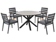 4 Seater Garden Dining Set Grey Aluminium Round Table with Ceramic Glass Top Slatted Black Chairs with Grey Seat Pad Cushions Beliani