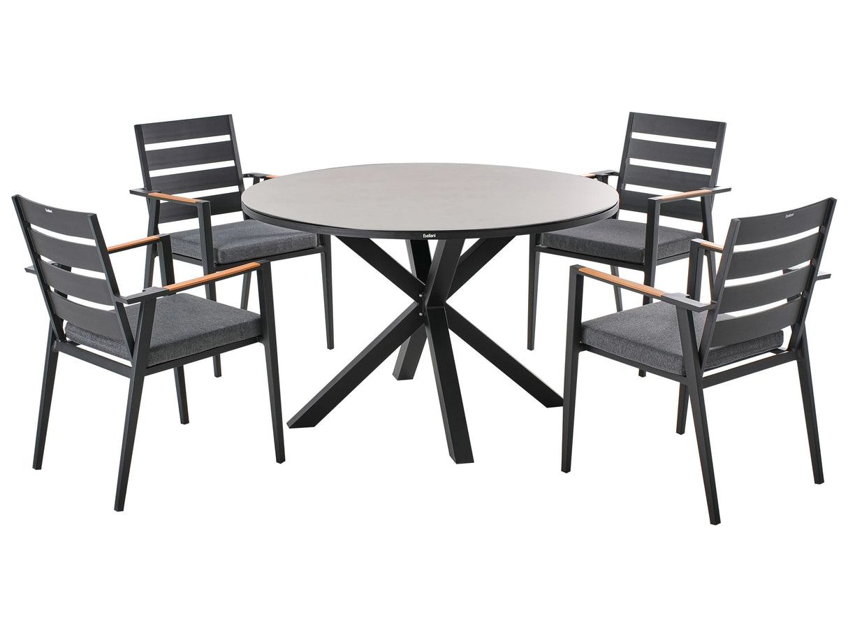 4 Seater Garden Dining Set Grey Aluminium Round Table with Ceramic Glass Top Slatted Black Chairs with Grey Seat Pad Cushions Beliani