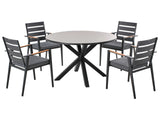 4 Seater Garden Dining Set Grey Aluminium Round Table with Ceramic Glass Top Slatted Black Chairs with Grey Seat Pad Cushions Beliani