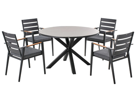 4 Seater Garden Dining Set Grey Aluminium Round Table with Ceramic Glass Top Slatted Black Chairs with Grey Seat Pad Cushions Beliani