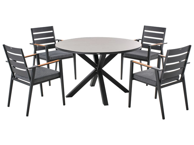 4 Seater Garden Dining Set Grey Aluminium Round Table with Ceramic Glass Top Slatted Black Chairs with Grey Seat Pad Cushions Beliani