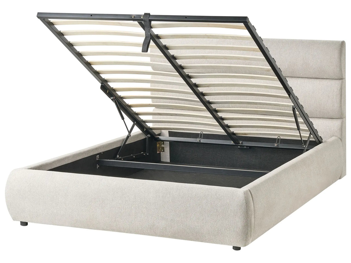 Slatted Bed Frame Grey Linen Fabric Upholstered Plastic Legs Ottoman Storage 4ft6 EU Double Size Modern Design Beliani