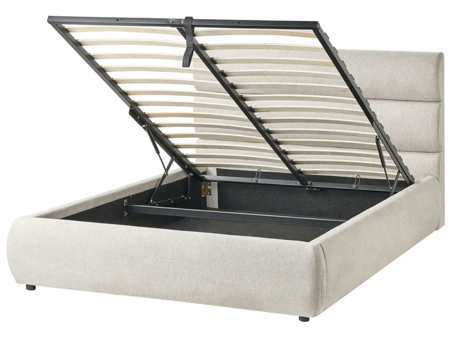 Slatted Bed Frame Grey Linen Fabric Upholstered Plastic Legs Ottoman Storage 4ft6 EU Double Size Modern Design Beliani