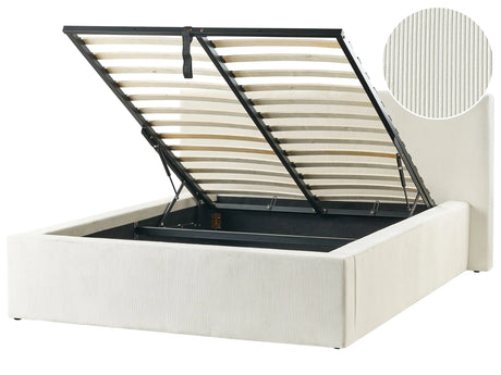 Slatted Bed Frame Light Beige Corduroy Fabric Upholstered Plastic Legs Ottoman Storage 4ft6 EU Double Size Modern Design Beliani