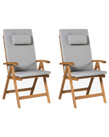 Set of 2 Garden Chairs Light Acacia Wood with Light Grey Cushions Folding Feature UV Resistant Rustic Style Beliani