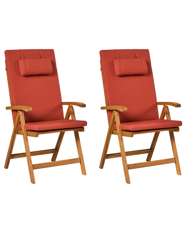 Set of 2 Garden Chairs Light Acacia Wood with Red Cushions Folding Feature UV Resistant Rustic Style Beliani