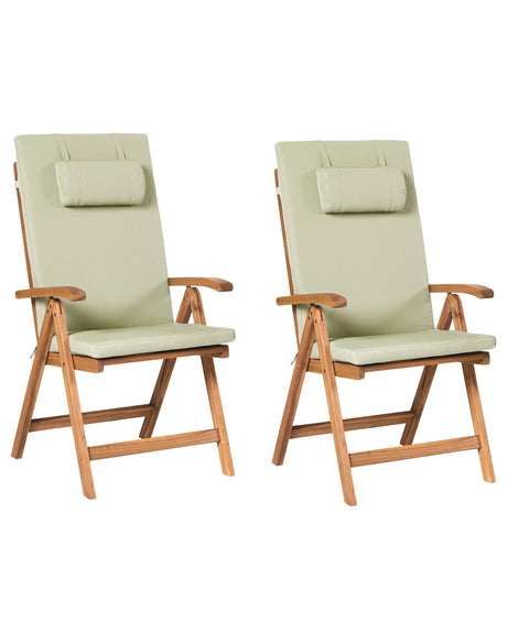 Set of 2 Garden Chairs Light Acacia Wood with Green Cushions Folding Feature UV Resistant Rustic Style Beliani