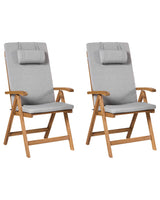 Set of 2 Garden Chairs Light Acacia Wood with Grey Melange Cushions Folding Feature UV Resistant Rustic Style Beliani