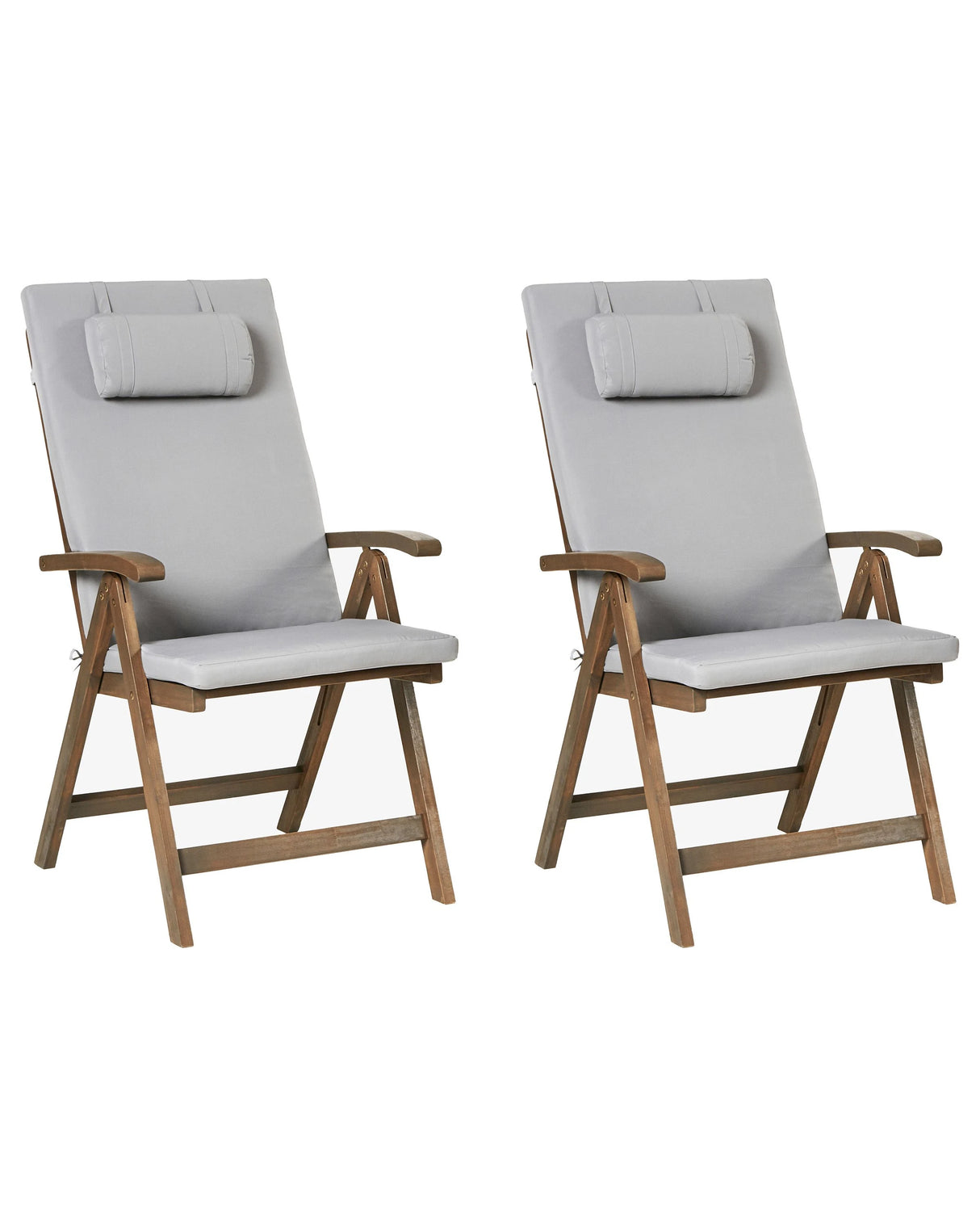 Set of 2 Garden Chair Acacia Wood Natural with Light Grey Cushions Adjustable Foldable Outdoor with Armrests Country Rustic Style Beliani