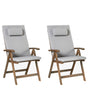 Set of 2 Garden Chair Acacia Wood Natural with Light Grey Cushions Adjustable Foldable Outdoor with Armrests Country Rustic Style Beliani