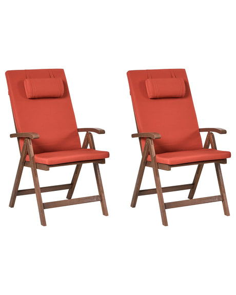 Set of 2 Garden Chair Acacia Wood Natural with Red Cushions Adjustable Foldable Outdoor with Armrests Country Rustic Style Beliani