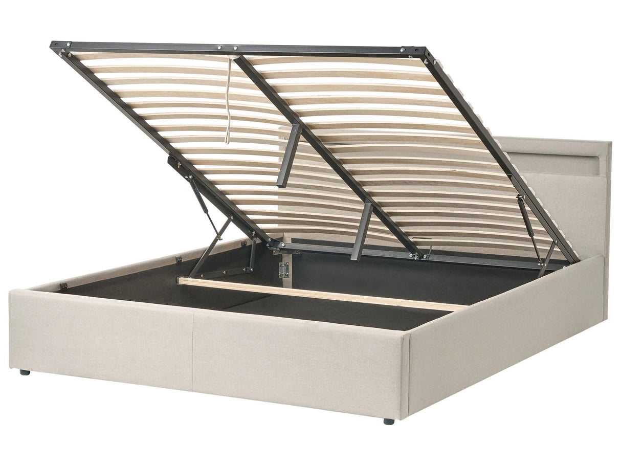 Ottoman Bed Beige Fabric Upholstery LED Multicolour Illuminated Headboard Slatted Base 5ft3 EU King Size Beliani