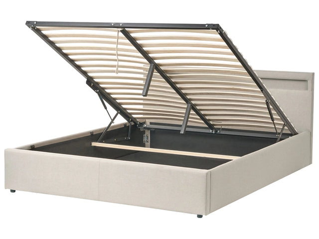 Ottoman Bed Beige Fabric Upholstery LED Multicolour Illuminated Headboard Slatted Base 5ft3 EU King Size Beliani