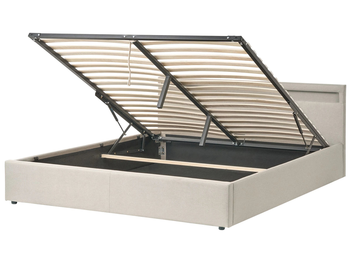 Ottoman Bed Beige Fabric Upholstery LED Multicolour Illuminated Headboard Slatted Base 6ft EU Super King Size Beliani