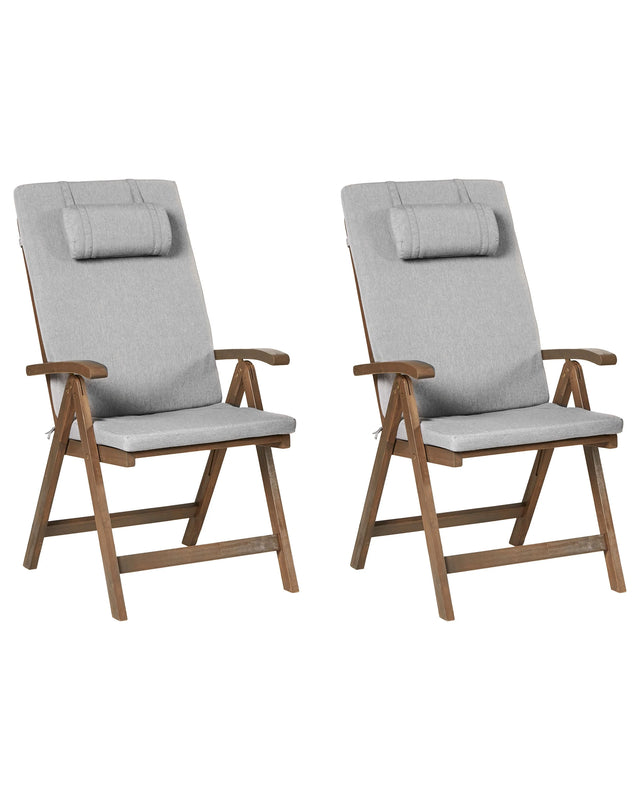 Set of 2 Garden Chair Acacia Wood Natural with Grey Melange Cushions Adjustable Foldable Outdoor with Armrests Country Rustic Style Beliani
