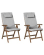 Set of 2 Garden Chair Acacia Wood Natural with Grey Melange Cushions Adjustable Foldable Outdoor with Armrests Country Rustic Style Beliani