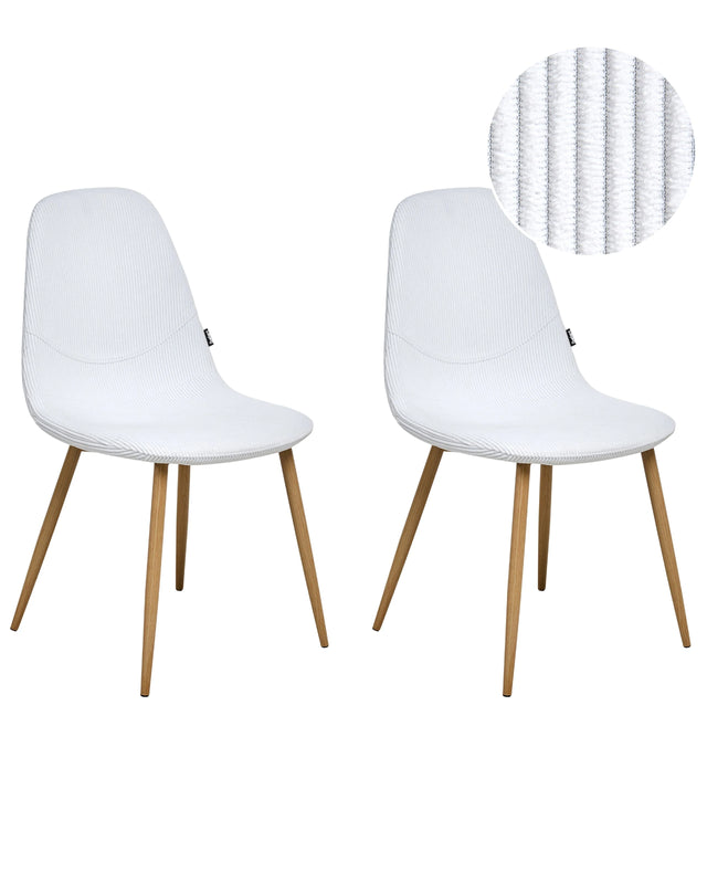 Set of 2 Dining Chairs White Fabric Frame Corduroy Seat Armless Modern Design Beliani
