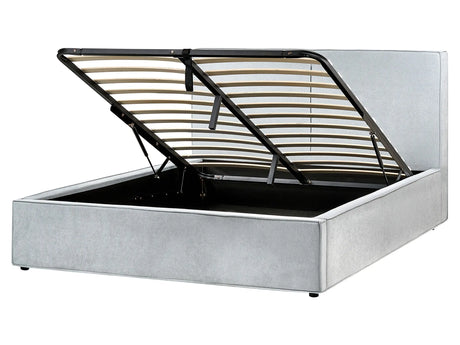 EU King Size Panel Bed 5ft3 Light Blue Fabric Upholstery Storage Ottoman Slatted Frame Contemporary Modern Bedroom Beliani