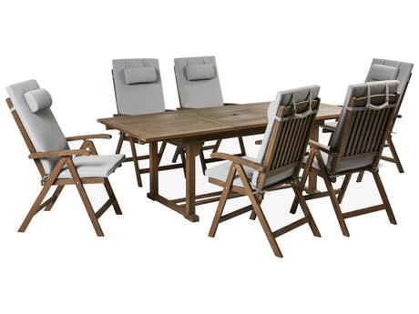 Garden Dining Set Solid Acacia Wood Extending Table 6 Chairs with Light Grey Cushions Adjustable Backrest Folding Rustic Style Beliani
