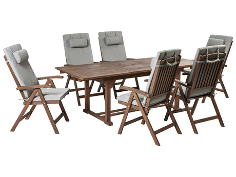 Garden Dining Set Solid Acacia Wood Extending Table 6 Chairs with Grey Melange Cushions Adjustable Backrest Folding Rustic Style Beliani