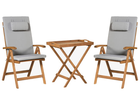 Garden Bistro Set Acacia Wood Table 2 Chairs with Light Grey Cushions UV Resistant Foldable Beliani