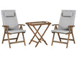 Garden Bistro Set Solid Acacia Wood with Light Grey Cushions Table 2 Chairs Adjustable Backrest Folding Rustic Style Balcony Furniture Beliani