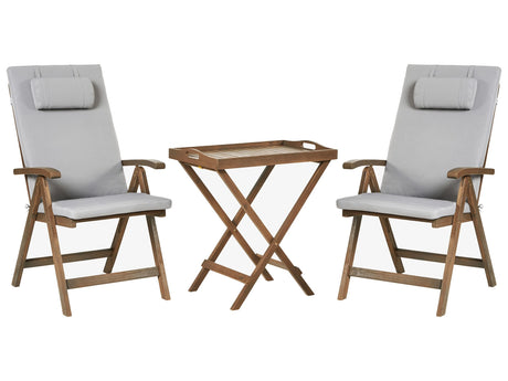 Garden Bistro Set Solid Acacia Wood with Light Grey Cushions Table 2 Chairs Adjustable Backrest Folding Rustic Style Balcony Furniture Beliani
