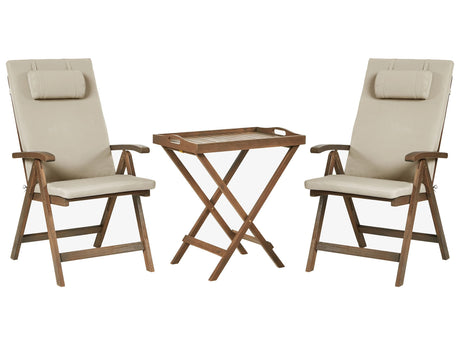 Garden Bistro Set Solid Acacia Wood with Taupe  Cushions Table 2 Chairs Adjustable Backrest Folding Rustic Style Balcony Furniture Beliani