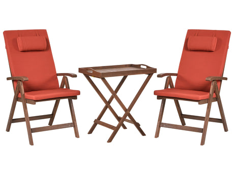 Garden Bistro Set Solid Acacia Wood with Red Cushions Table 2 Chairs Adjustable Backrest Folding Rustic Style Balcony Furniture Beliani