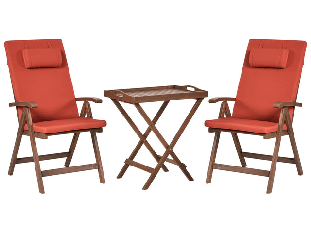 Garden Bistro Set Solid Acacia Wood with Red Cushions Table 2 Chairs Adjustable Backrest Folding Rustic Style Balcony Furniture Beliani
