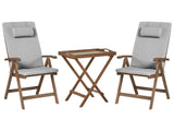 Garden Bistro Set Solid Acacia Wood with Grey Melange Cushions Table 2 Chairs Adjustable Backrest Folding Rustic Style Balcony Furniture Beliani