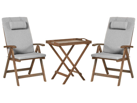 Garden Bistro Set Solid Acacia Wood with Grey Melange Cushions Table 2 Chairs Adjustable Backrest Folding Rustic Style Balcony Furniture Beliani